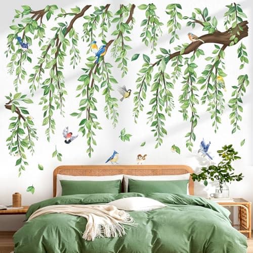 wondever Large Green Tree Branch Wall Stickers Hanging Vine Leaf Peel and Stick Wall Art Decals for Living Room Bedroom Sofa Background