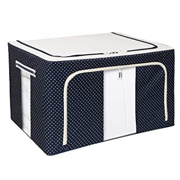 KIDINGTON Storage Boxes 66 Ltr Premium All Blue Polka Oxford Foldable Stackable Cloth Organizer with Metal Frame Window Carry Handles for Bedding Clothes Closet Wardrobe Organizer pack of1