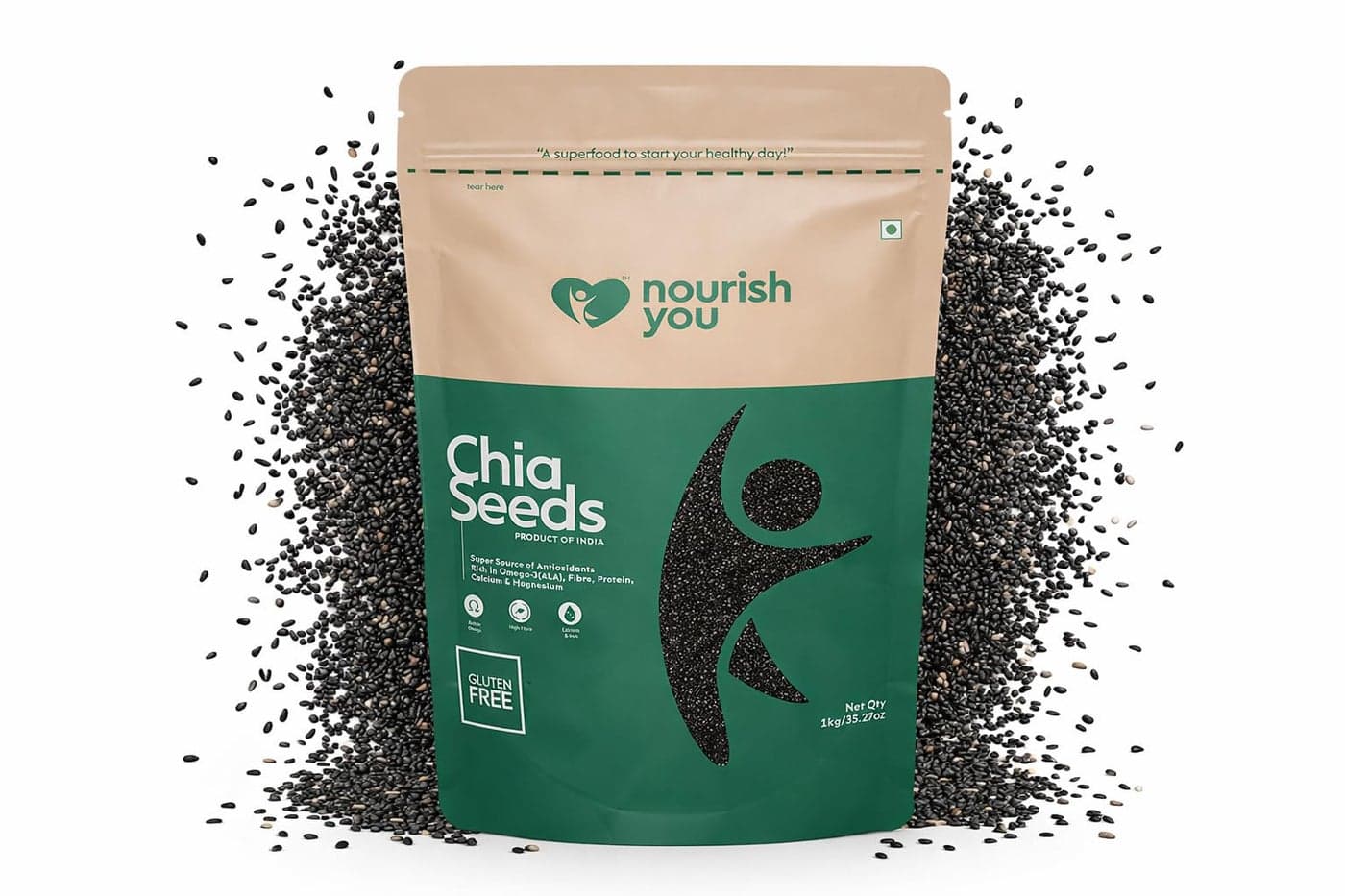 Nourish You Raw & Whole Chia Seeds 1kg | 20.4g Protein per 100g | Dirt & Stone free | Gluten Free | Source of Calcium, Protein , Dietary Fibre & Antioxidant | Rich with Omega 3 & Zinc | Premium superfoods | Supports Weight Management | Value Pack offer |