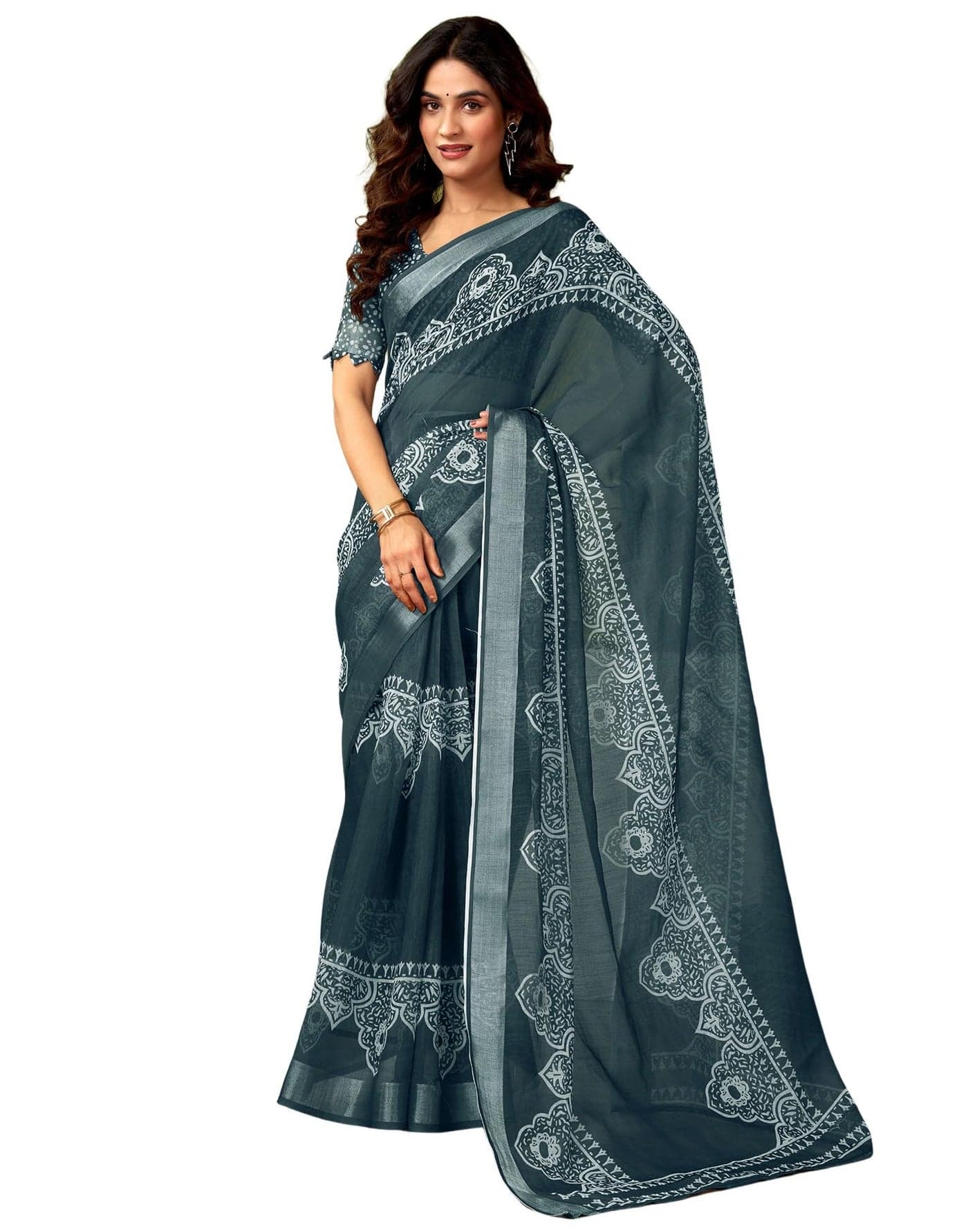SIRIL Women's Cotton Linen Printed Ready to Wear Saree with Blouse, One Minute Saree Ready to Wear (33RS315_Grey)