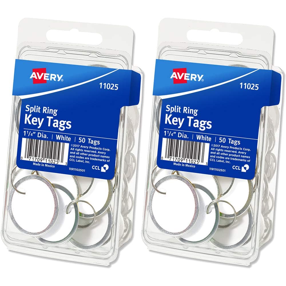 Avery : Metal Rim Key Tags, Card Stock/Metal, White, 50 per Pack -:- Sold as 2 Packs of - 50 - / - Total of 100 Each