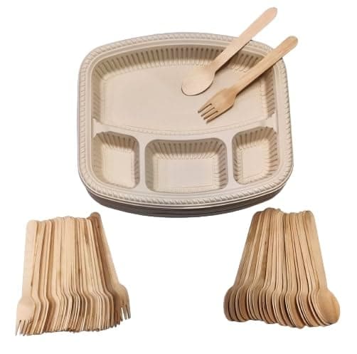 Hriday Foods Corn Starch Disposable Plates 11 inch Square with 4 compartments Set of 25 with Free Wooden Spoons 25 Forks 25 Party Eco Friendly for Use and Throw Purpose