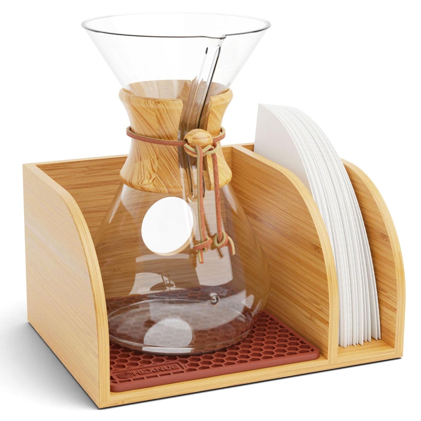 HEXNUB Bamboo Caddy for Pour Over Coffee Maker Fits Chemex Bodum Cosori Heatproof Mat Filter Holder