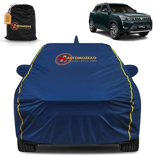 AUTOMOZEXO XUV 300 100% Waterproof Car Cover for All Weather Protection with Mirror & Antena Pocket Inner Cotton Triple Stitched Cover with Adjustable Belt Bottom Elastic to Secure Fit -Blue