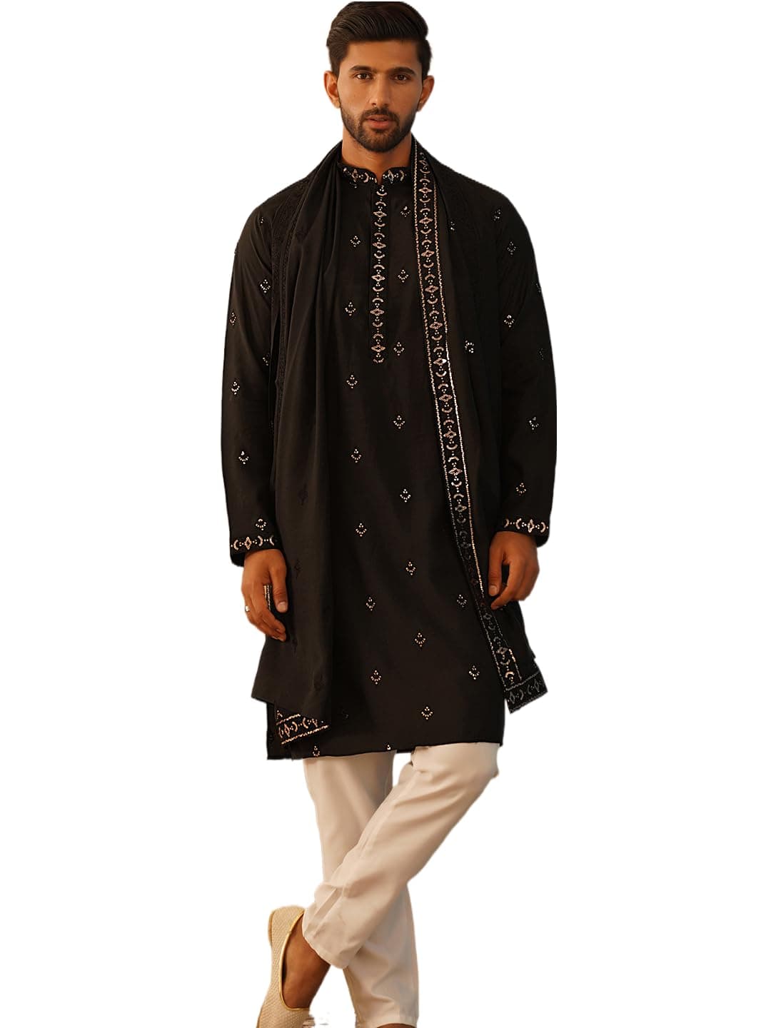 Jompers Men's Black Embroidered & Sequin Kurta Pyjama With Dupatta. (Black, L)