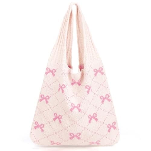 KPX Crochet Tote Bag, Beach Mesh Knitted Bag Large Aesthetic Shoulder Hobo Handbags for Women Summer (Bow Style, Pink)