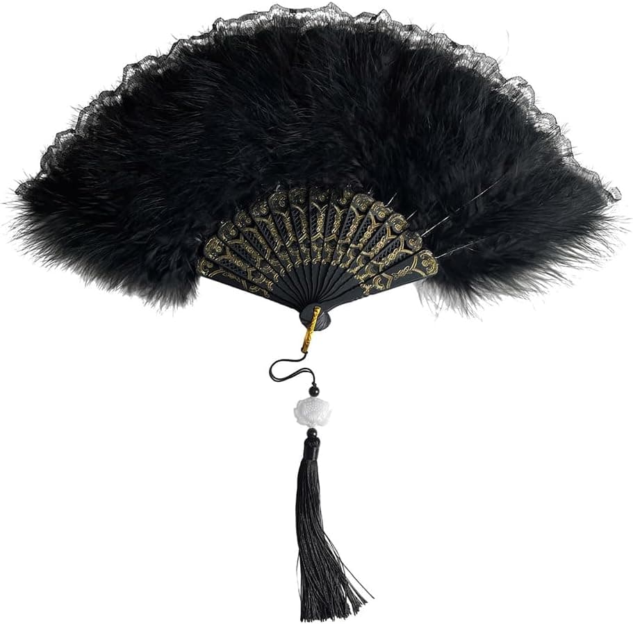 Black Feather Fan 20s Vintage Retro Lace Handheld Folding Hand Fan for Women Girls Halloween Cosplay Costume Photo Props Party Performance Dancing Show Tea Party Decorations