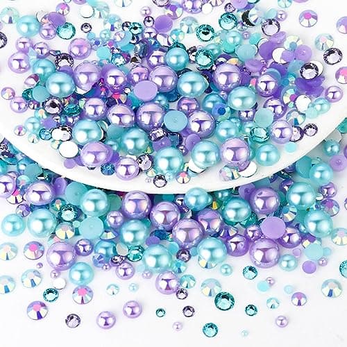 Towenm 60g Flatback Pearls and Rhinestone Mix 2mm10mm Mixed Size Flatback Rhinestones and Pearls for Crafts Tumblers Shoes Nails Face Art PurplesAquamarine