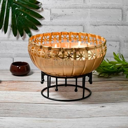 DeWoGift Decorative Urli Bowl for Home Decor with Stand | Floating Flower Bowl with Tealight & Diya | Brass Finish Urli for Diwali, Pooja, Festival Decoration, Centerpiece Bowl