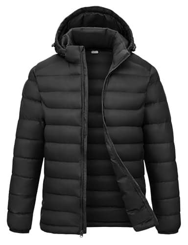 Rdruko Men's Puffer Jacket with Detachable Hood Lightweight Water Resistant Insulated Winter Puffy Coat, Black, Large