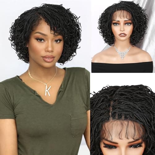Lady Hanne Micro Twist Braided Double Full Lace Wigs for Black Women Mini Braid Wig with Baby Hair Short Curly Box Braid Lace Synthetic Hair