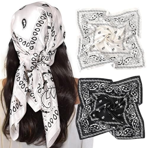 AWAYTR 35” Large Satin Square Head Scarf - 2Pcs Silk Like Floral Head Scarves Square Satin Hair Scarf Bandanas for Women (Cashews (Black+White))