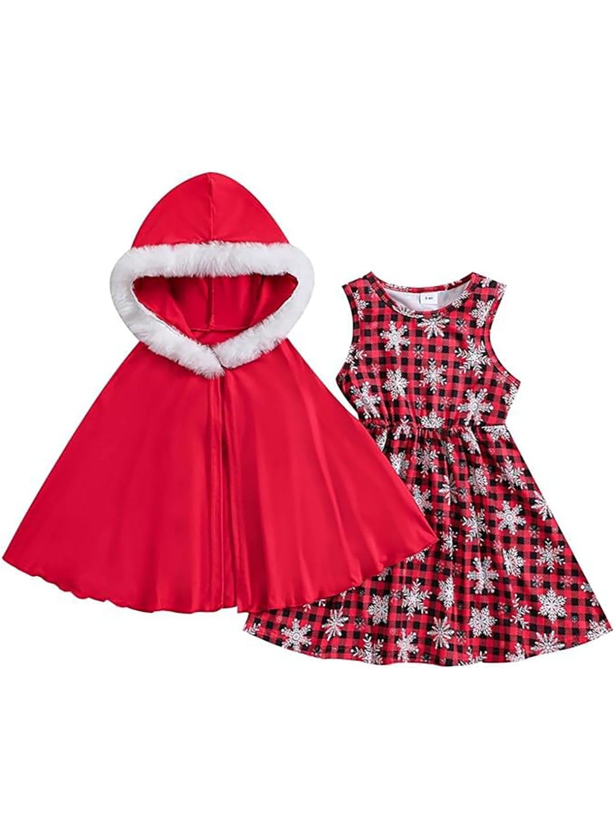 Girls Christmas Outfits Christmas Party Dress with Cloak Set Xmas Red Plaid Dress with Hooded Cloak Cape Kids Christmas Sleeveless Dress With Cape Family Matching Costume