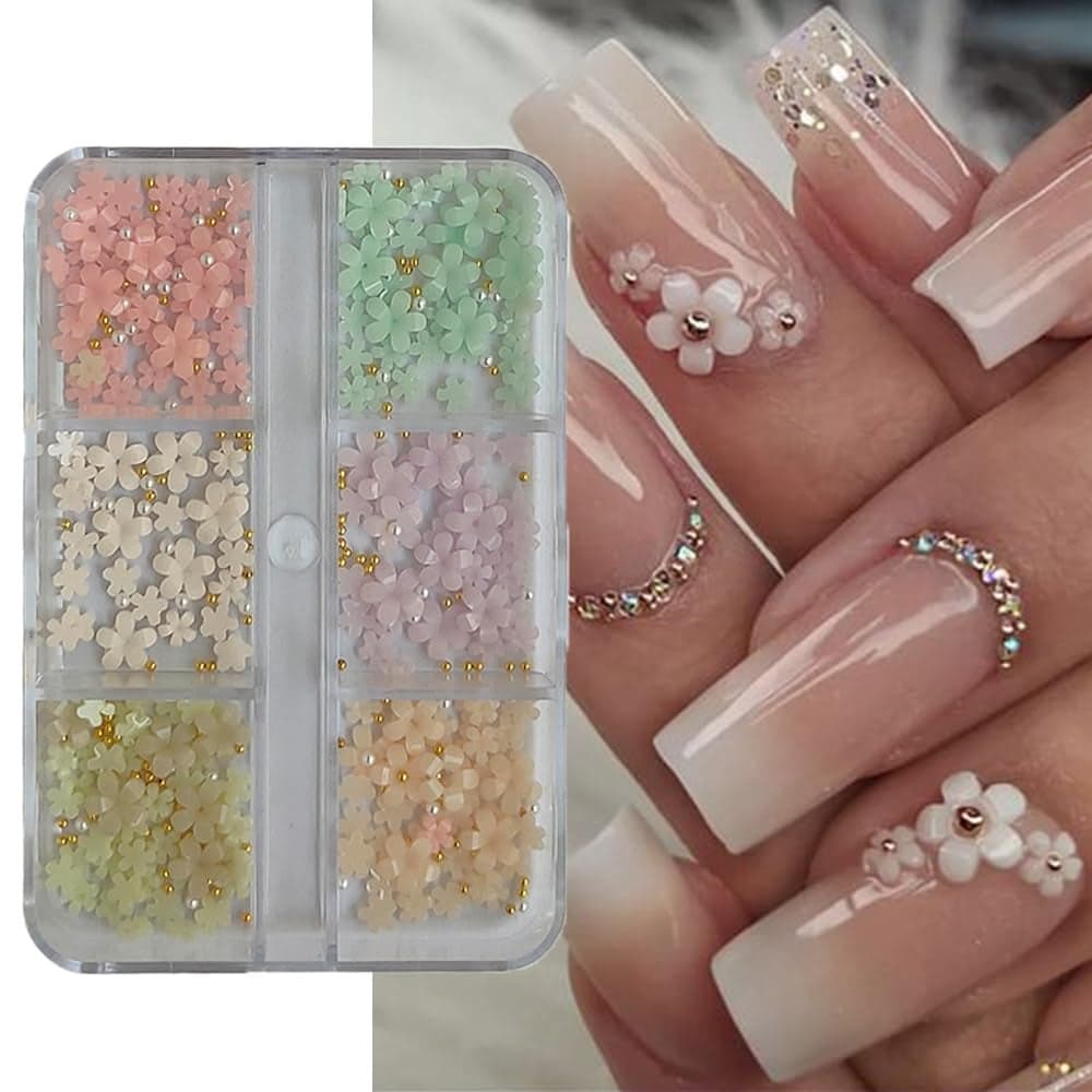 SAVI 3D FivePetal Color Changing Flower Nail Decoration 6Grid Palette with Pearl Metal Beads DIY Professional Nail Art Accessories for Manicure Pedicure