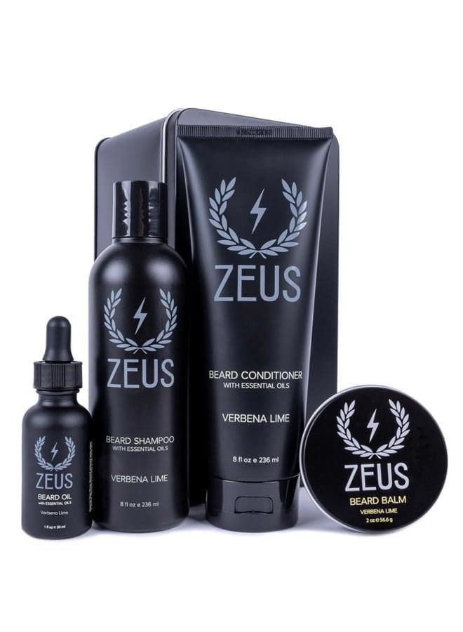 Everyday Beard Kit with Tin Gift Box – Beard Wash Shampoo & Conditioner, Natural Beard Oil, Beard Balm & Tin Box (Verbena Lime)