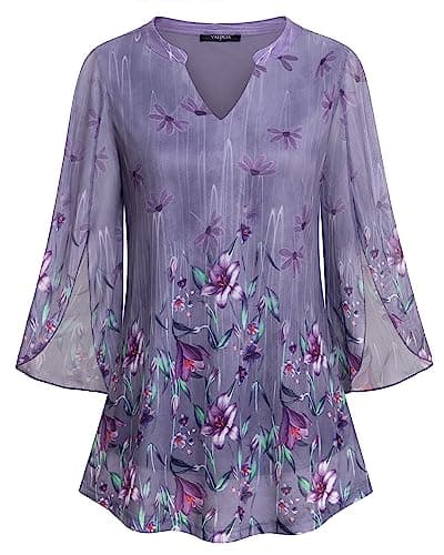 VALOLIA Business Casual Top for Women, Women Floral Blouse, Plus Size Tops for Women Fall 3/4 Tunic Tops to Wear with Leggings Trendy V-Neck Dressy Shirts for Work Office Wear Purple XXX-Large