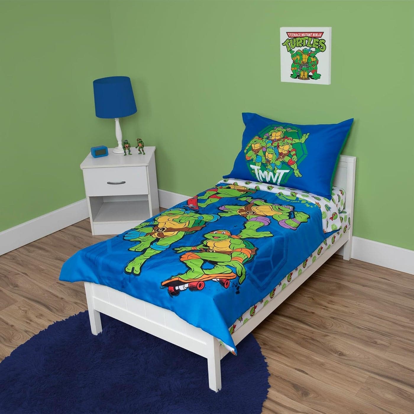 Teenage Mutant Ninja Turtles 4 Piece Toddler Bedding Set Includes Comforter Sheet Set Fitted Top Sheet Reversible Pillowcase for Boys Bed Blue