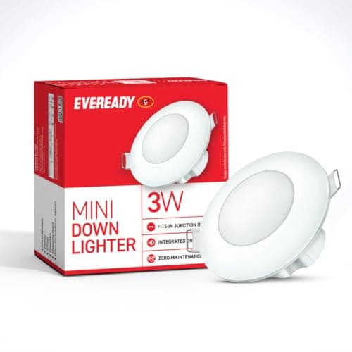 Eveready Polycarbonate 3W Mini Downlighter | Round Shape | High Efficiency 75 lm/W | 4KV Surge Protection | Integrated Driver | CCT: 6500K, 3000K, Blue, Red, Green, Pink|60mm Cut Size|Pack of 1