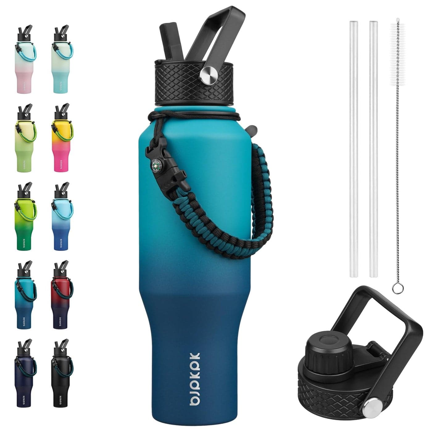 BJPKPK Insulated Water Bottles with Straw Lid 35oz Metal Water Bottle with 2 lids Paracord Strap Double Wall Stainless Steel Vacuum Tumblers Cups Mugs Thermo for Hot Cold Drinks Sea