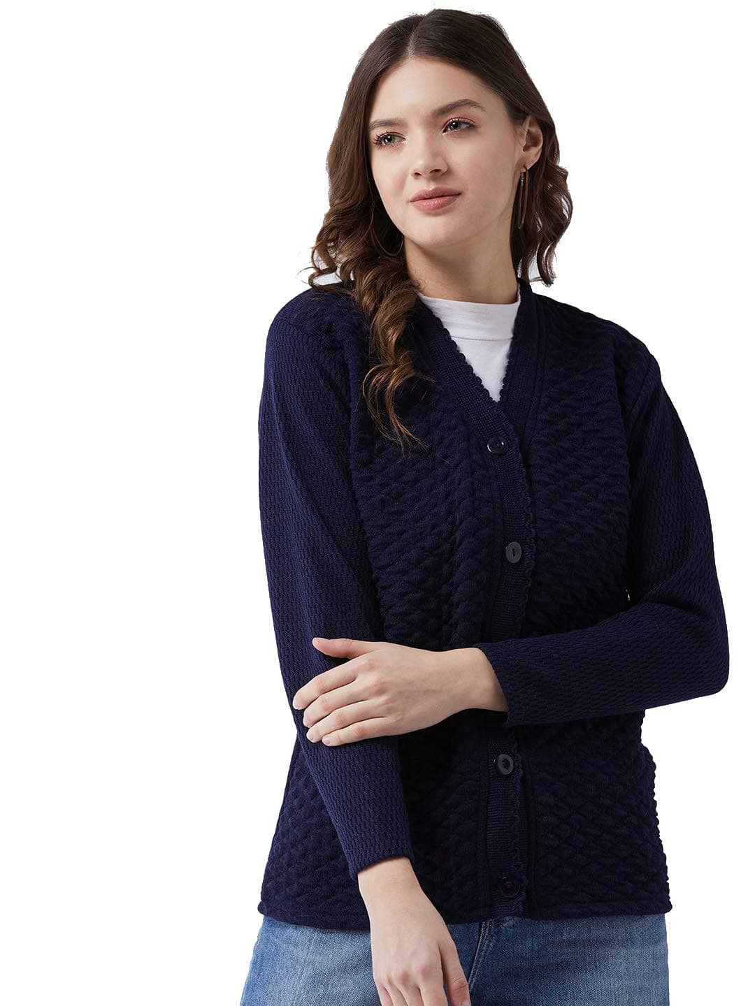 Pivl Women's Blended V-Neck Cardigan (PV502_Navy_Medium)