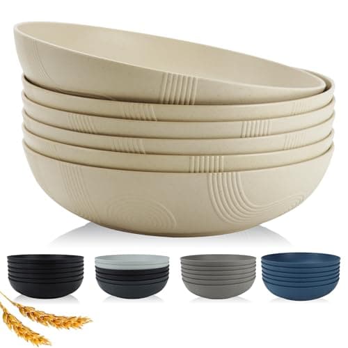 10inches Large Pasta Bowls Set of 6-65oz Wheat Straw Bowls,Bowl Plates,Large Plastic Bowls Reusable for Pasta,Salad,Soup,Unbreakable & Lightweight Bowls for Kitchen,Dishwasher Safe,BPA-Free(Beige)