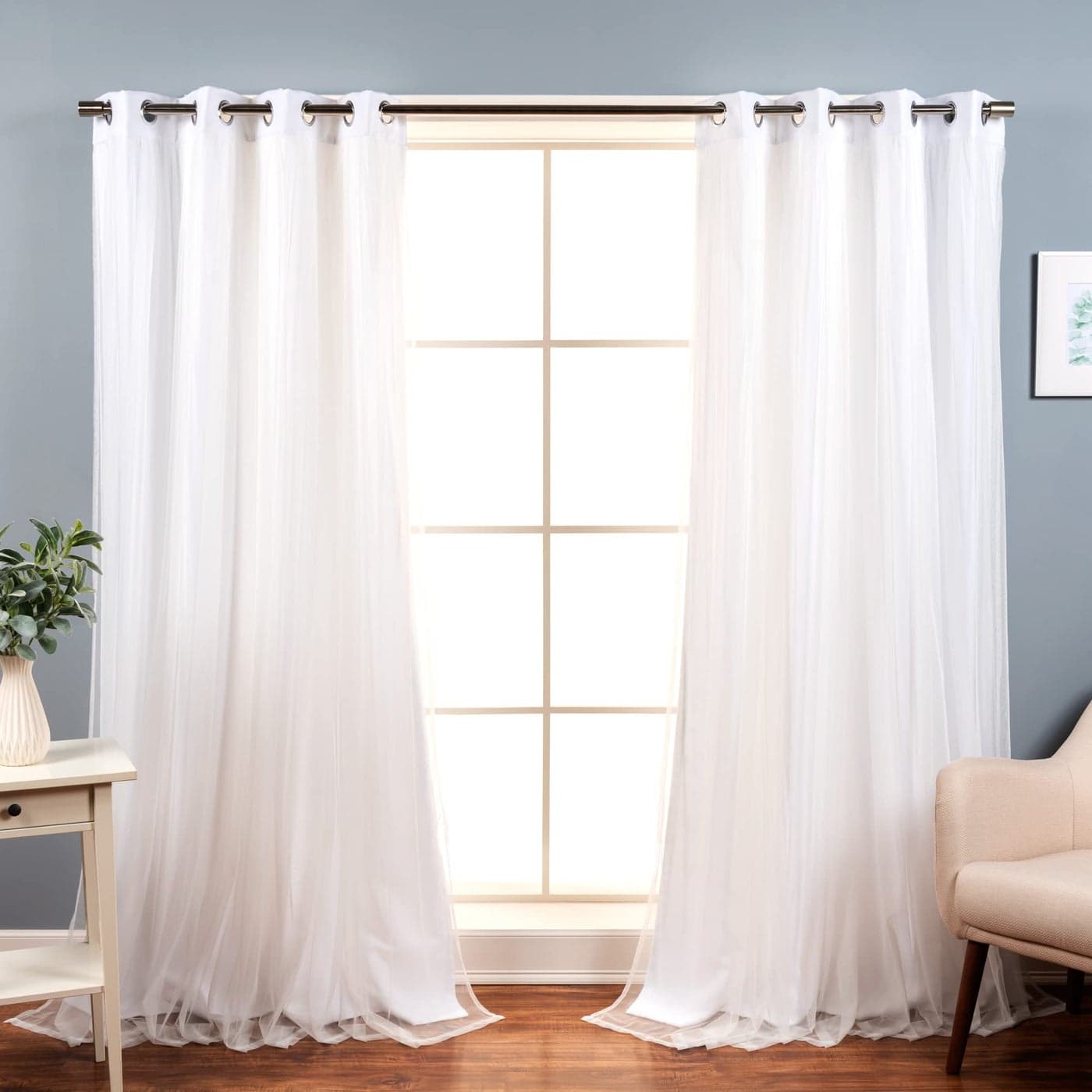 Best Home Fashion Set of 2 Lace Tulle Overlay Thermal Insulated Solid Blackout Stainless Steel Nickel Grommet Window Panels for Bedroom Living Room Dining Room 52 W x 96 L White