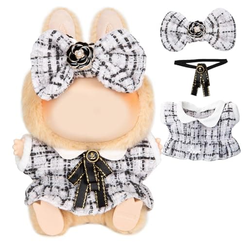 17cm Doll Clothes for Labubu Luxury Chic Style Set for 17cm Dolls Premium Doll Outfit with Accessories White Plaid Tweed Dress Black Necktie Plaid Bow Clothes Only