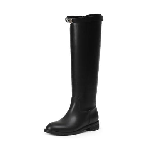 iiimmu Black Riding Boots Women Silver Buckle Womens Knee High Boots Round Toe Faux Leather Motorcycle Style size 6