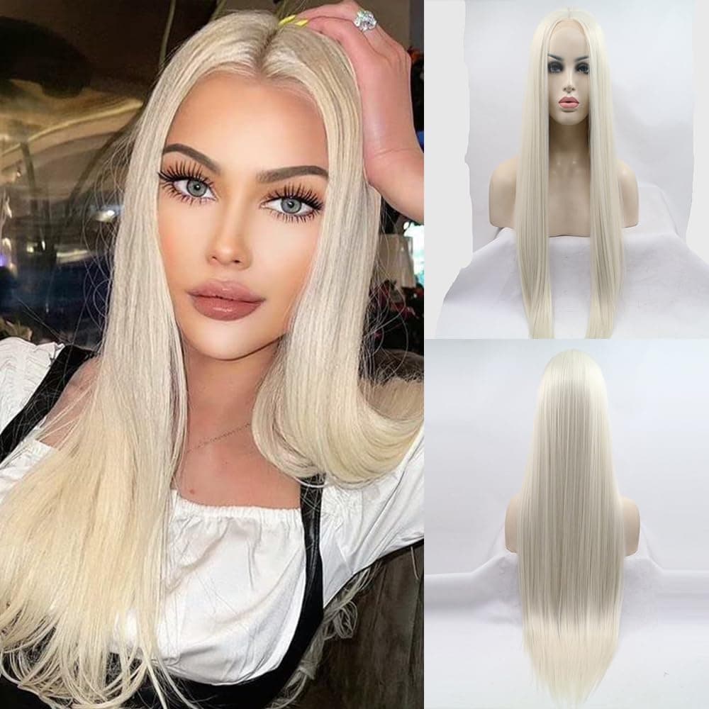 xiweiya 60# Blonde Straight Long Hair 13x3 Lace Blonde Wigs Long White Synthetic Lace Front Wigs Middle Part Heat Resistant Hair Natural Hairline Cosplay Wigs for Women 26inch 180% Density Hair