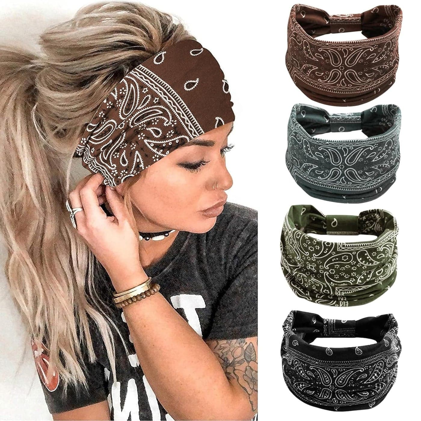 Huachi 4 Packs Thick Boho Stylish Floral Turban Wide Headbands for Women Non Slip Hairbands for Hair Sport Workout Yoga Hair Accessories Pack of 4