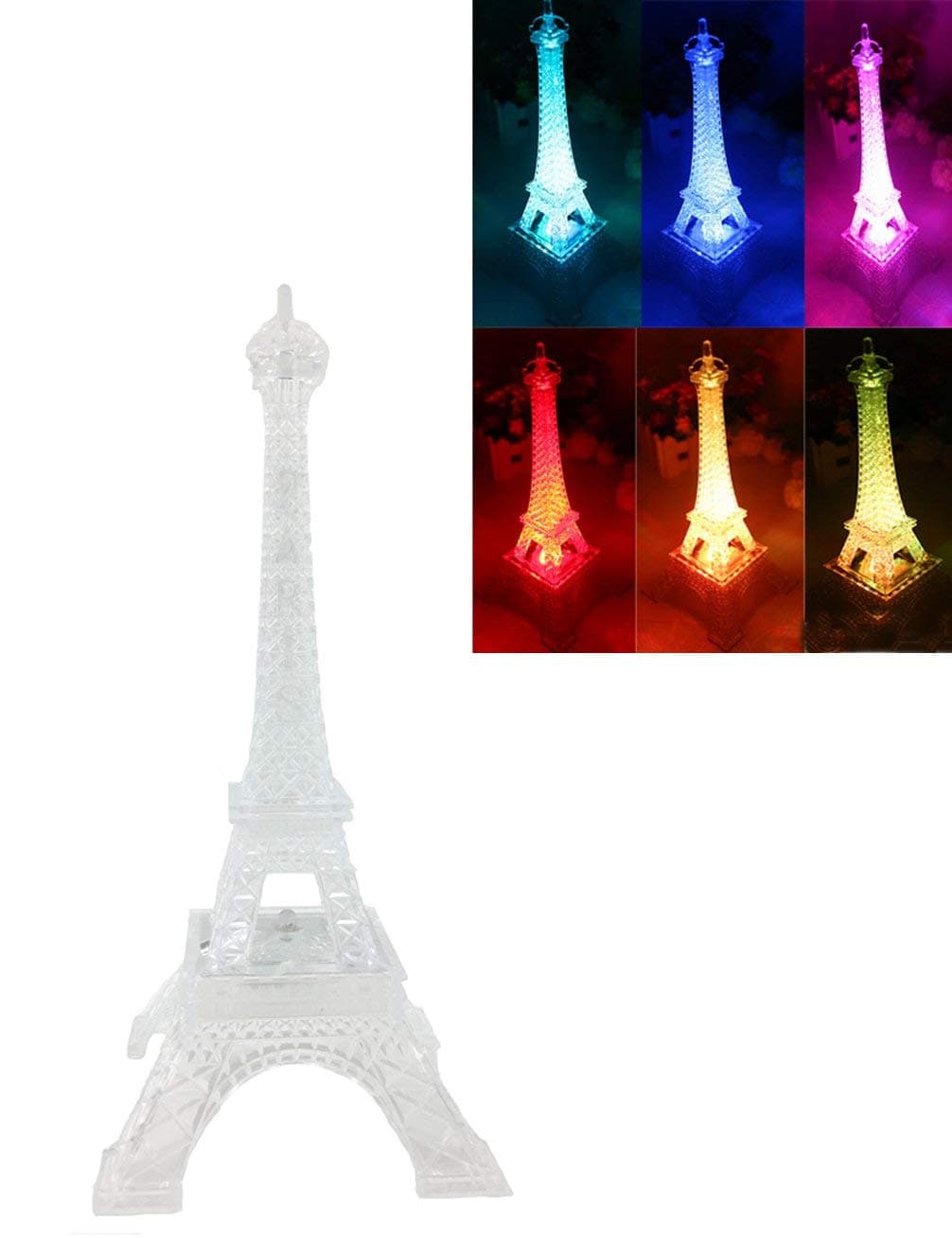 DreamsEden LED Light Up Flash Eiffel Tower Lamp - Color Changing Paris Decor for Bedroom Desk Cake Topper Centerpiece (9.7'' High/White)