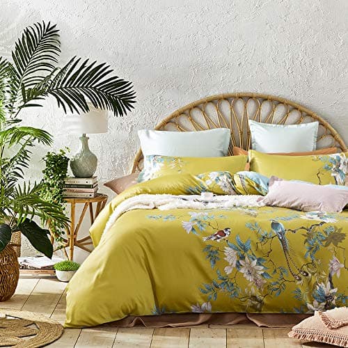 Eikei Exotic Modern Floral Print Bedding Birds Flowers Dusty Grey Design 100% Cotton Duvet Cover 3pc Set Hibiscus Blossom Branches in Muted Gray Blue (Queen, Citronelle Green)