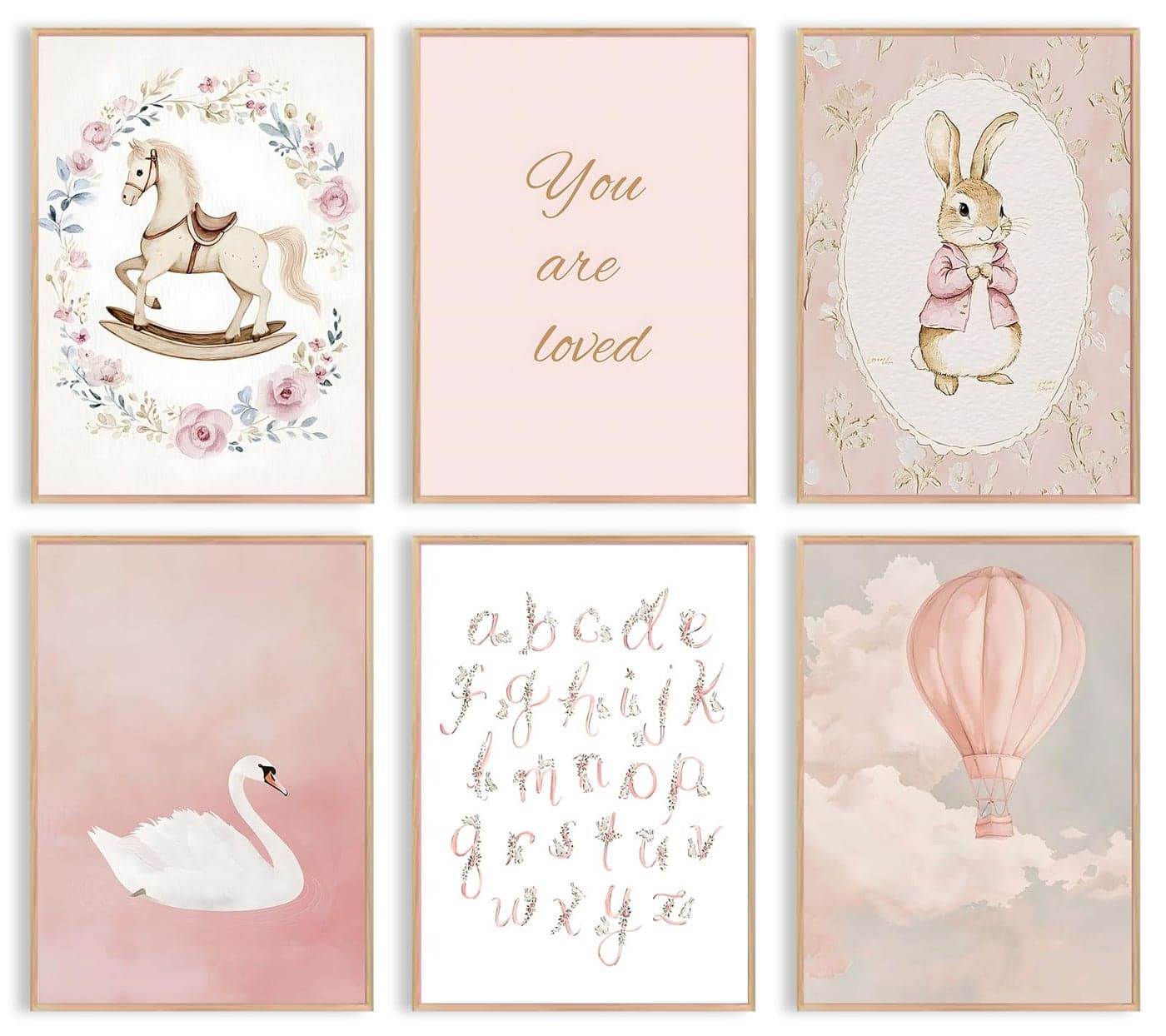 Uniro Pink Nursery Wall Decor Art Prints Vintage Baby Girl Nursery Room Decor Cute Baby Girl Room Decor Swan Bunny Hot Air Balloons Alphabets Canvas Painting Antique Nursery Poster for Little Girls Bedroom Kids Room Decor8x10inchUnframed