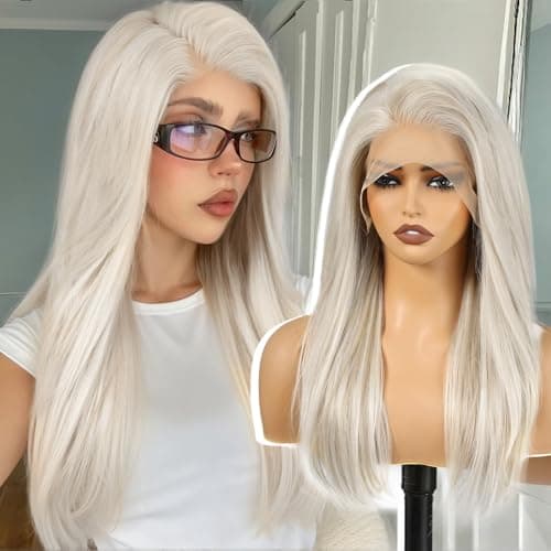 KOME Platinum Blonde Synthetic Lace Front Wig13X6 Long Straight Layered Glueless Wigs for Women Daily Use 22IN