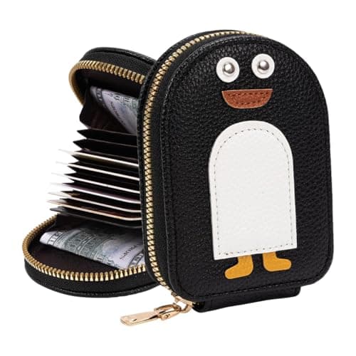 PALAY Girls Card Bag Travel Card Holder With 10 Compartments Wallet Organizer Bag Zipper Pouch Pu Cartoon Penguin Zipper Card Bag Rfid Blocking Travel Card Holder, Black
