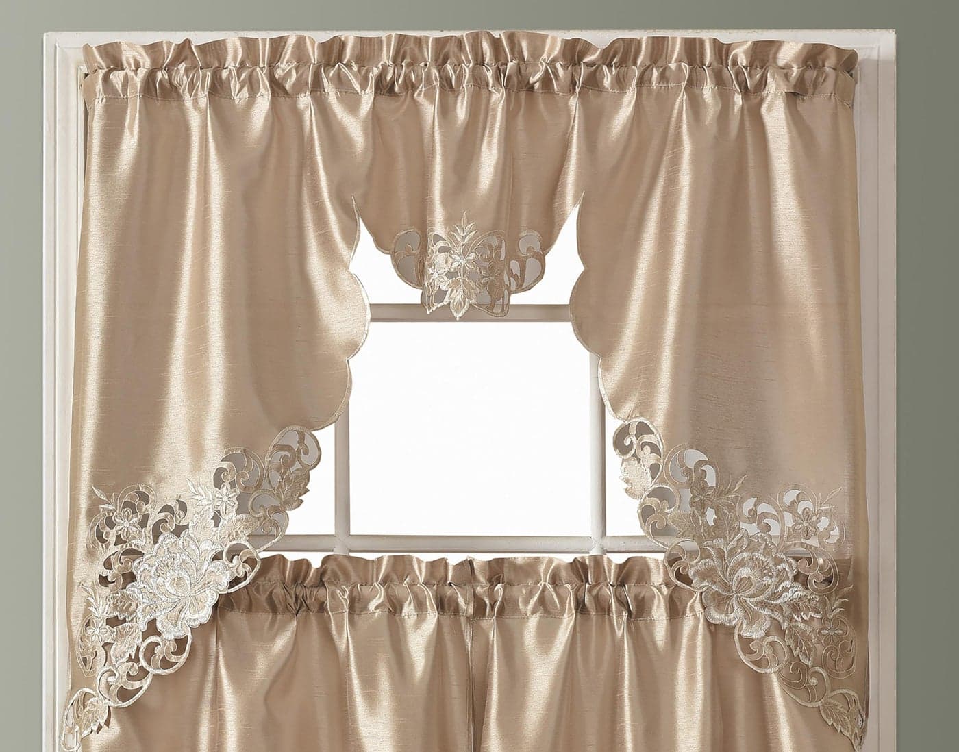 GOHD Passionate Bloom Kitchen Curtain Swag Valance and Tier Set Nice Embroidery on Faux Silk Fabric with cutworks Mocha