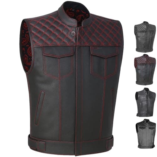 SOA Men's Motorcycle Vest, Geniune Buffalo Leather, Back Armor, Inside Pockets, Motorbike Riding Club Vests Paisley Red L