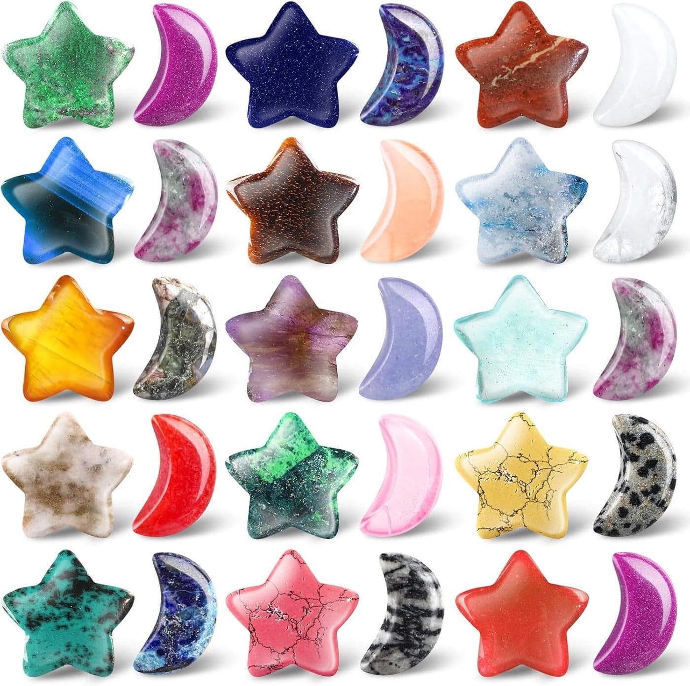 Nuenen 30 Pieces Worry Stones Bulks Moon Star Shaped Crystals Gemstone Star Bulks Palm Moon Hand Carved Thumb Stones for Witchcraft Supplies DIY Meditation Balancing(Elegant Colors)