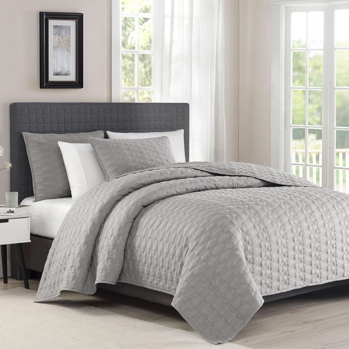 BOURINA Quilt Set Coverlet Set Quilting Bedspread 3Piece Quilt Set Microfiber Lightweight King 104 x 92 Grey