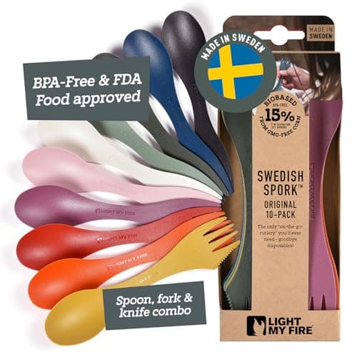 Light My Fire Spork Original 10Pack 3in1 Camping Spoon Fork Knife Combo Reusable Travel Camping Utensils Lunch Spork Outdoor Backpacking Hiking Picnic Utensil BPA Free