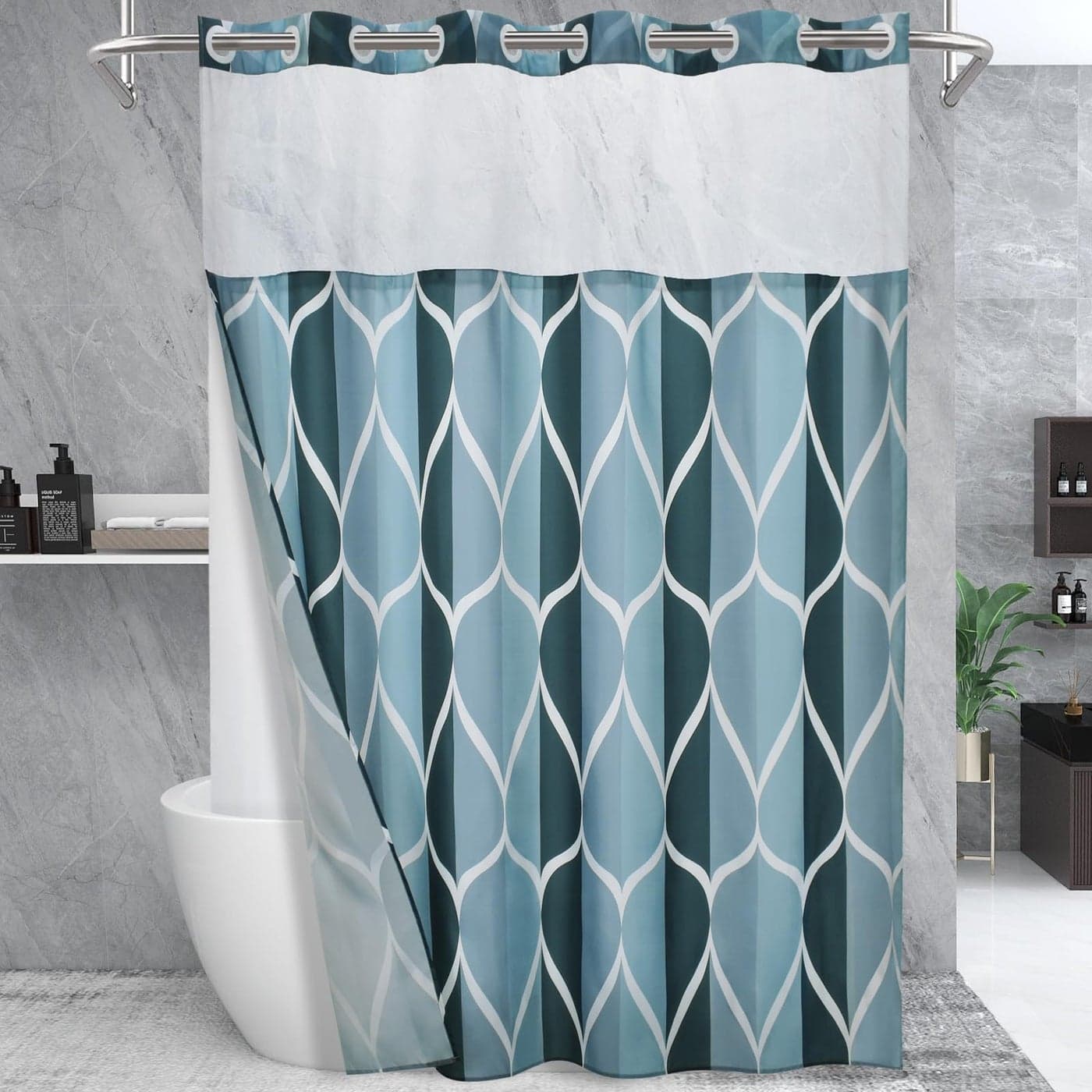 Yiatn No Hook Aegean Blue Long Shower Curtain with Snap in Fabric Liner Set Hotel Style with See Through Mesh Top Window Modern Geometric Waterdrop DesignWaterproof and Washable 71x86 INCH
