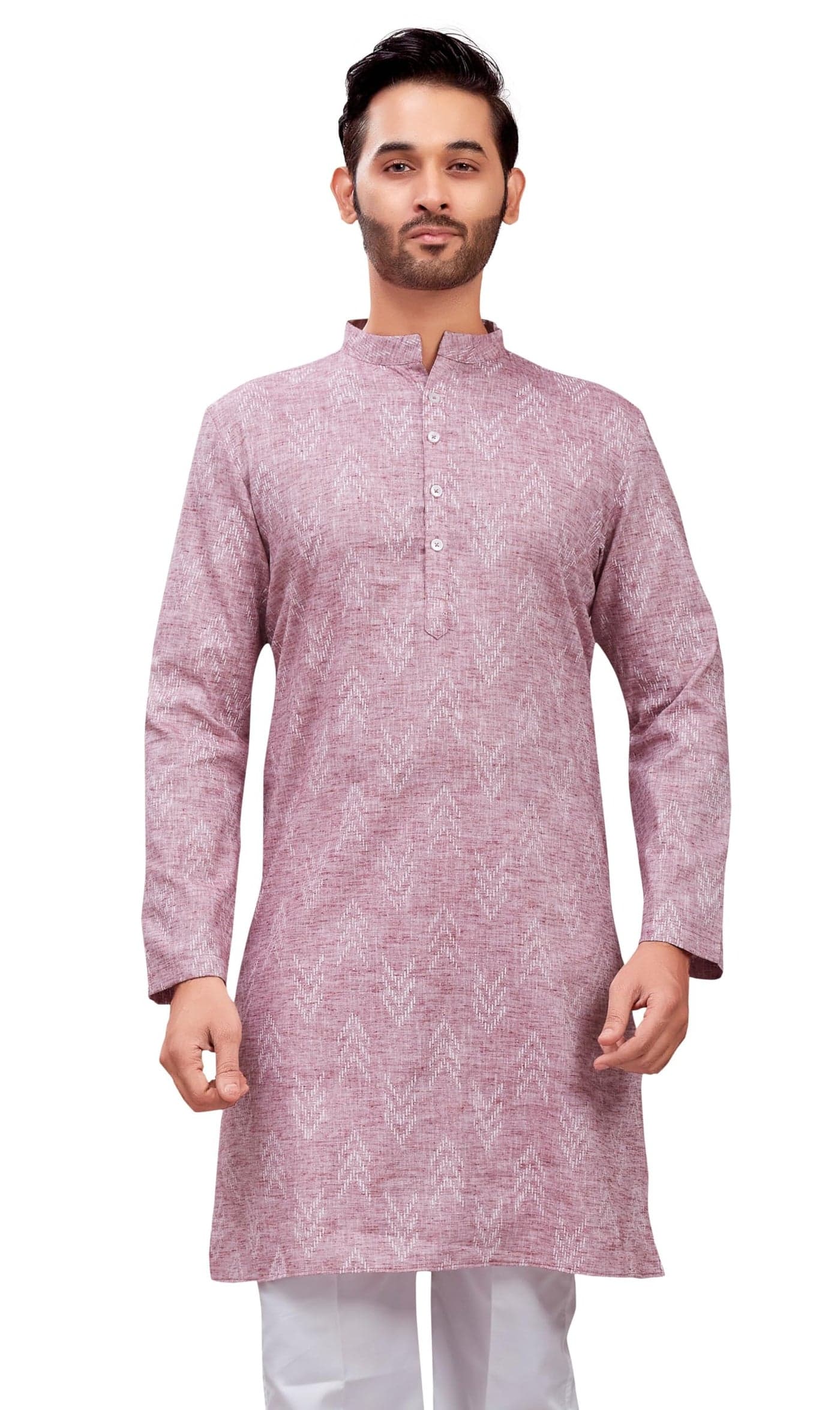 Studio Shringaar Men's Cotton Blend Relaxed Fit Ikat Printed Knee Length Kurta (Wine, Large)