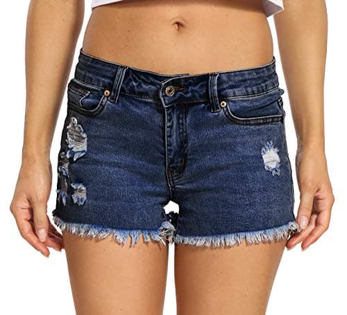 Foucome Women's Denim Shorts Summer Casual Low Waisted Frayed Raw Hem Ripped Denim Jean Shorts (Indigo Blue, M)