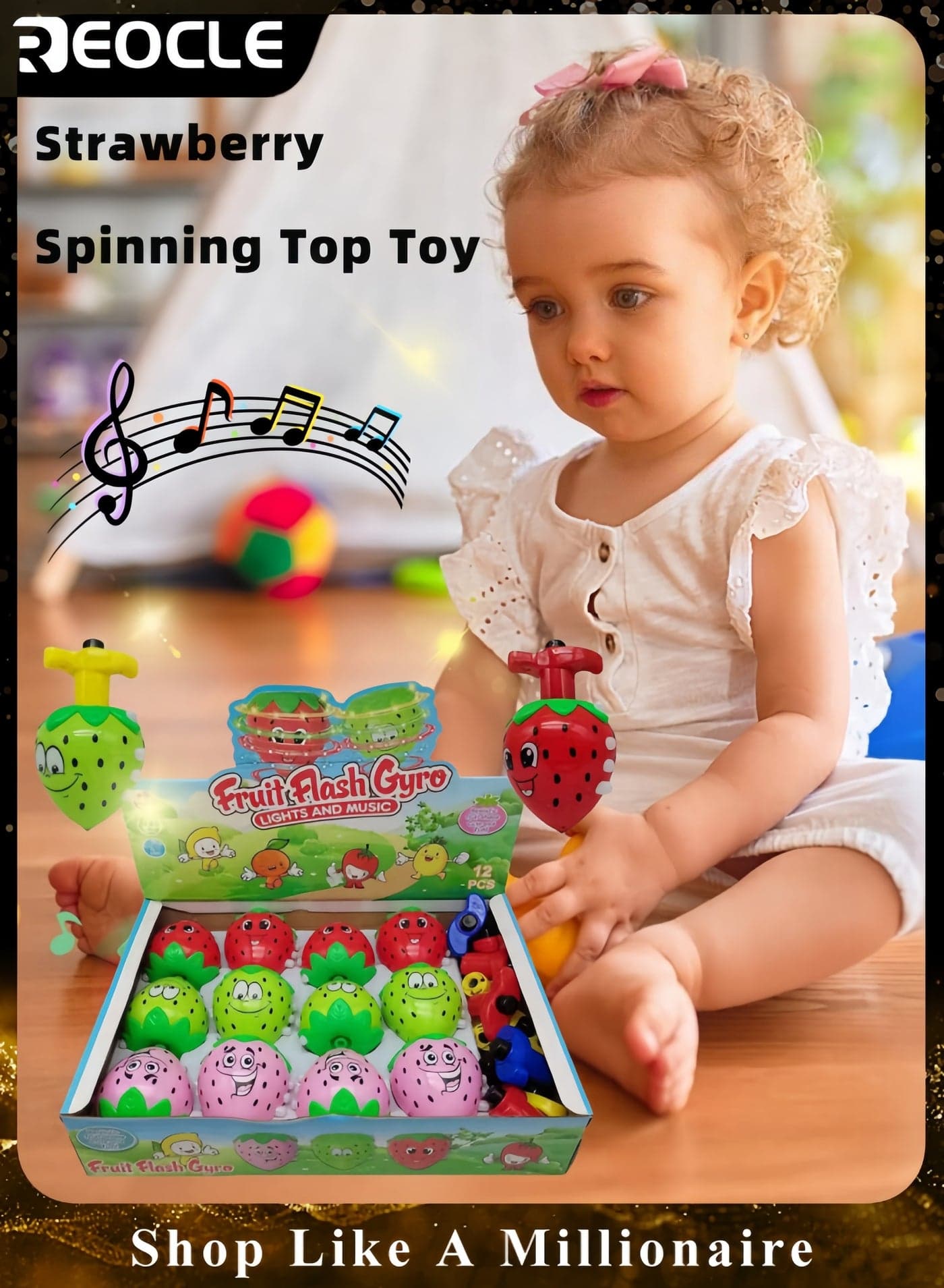 1PC Outdoor Children Cartoon Strawberry Gyroscope Toy Flashing Music Strawberry Spinning Top Pressure Relief Toy for Kids Boys and Girls