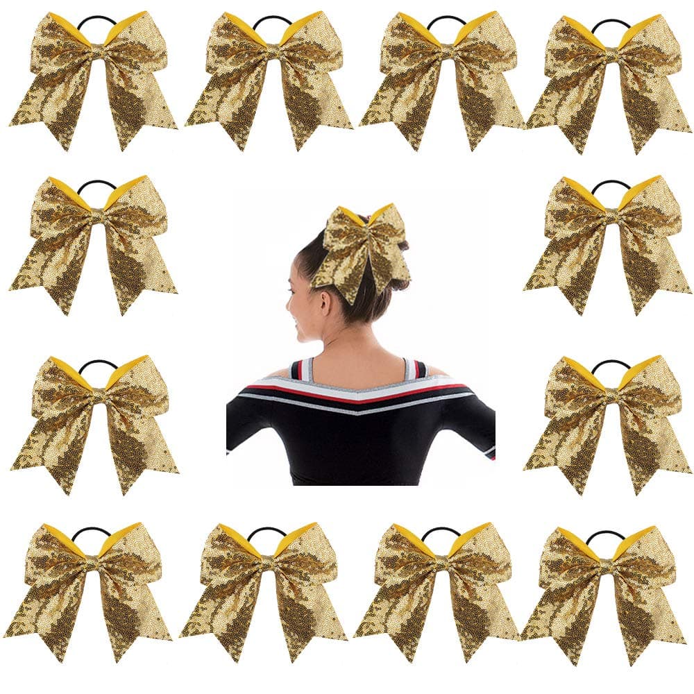 Oaoleer 12PCS 7 Large Glitter Cheer Hair Bows Ponytail Holder Elastic Band Handmade for Cheerleading Teen Girls College Sports GoldKid