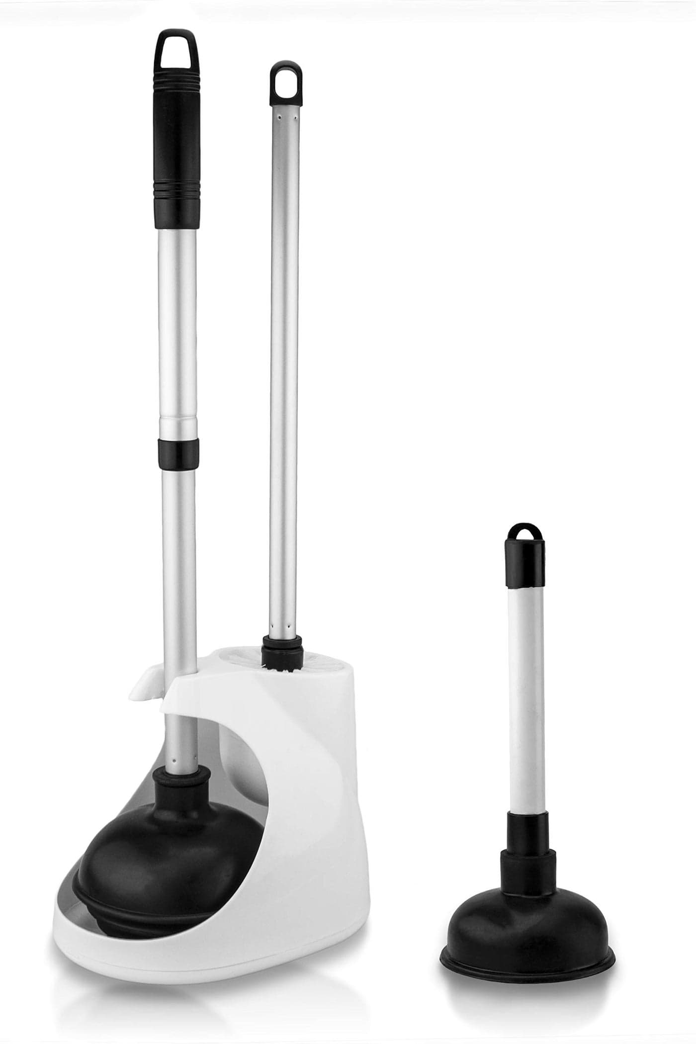 NEIKO 60168A Toilet Plunger Set 4 Piece Bonus Mini Sink Drain Plunger Toilet Bowl Brush Caddy Patented AllAngle Design Telescopic Aluminum Handle Bathroom Toilet Brush and Plunger Set