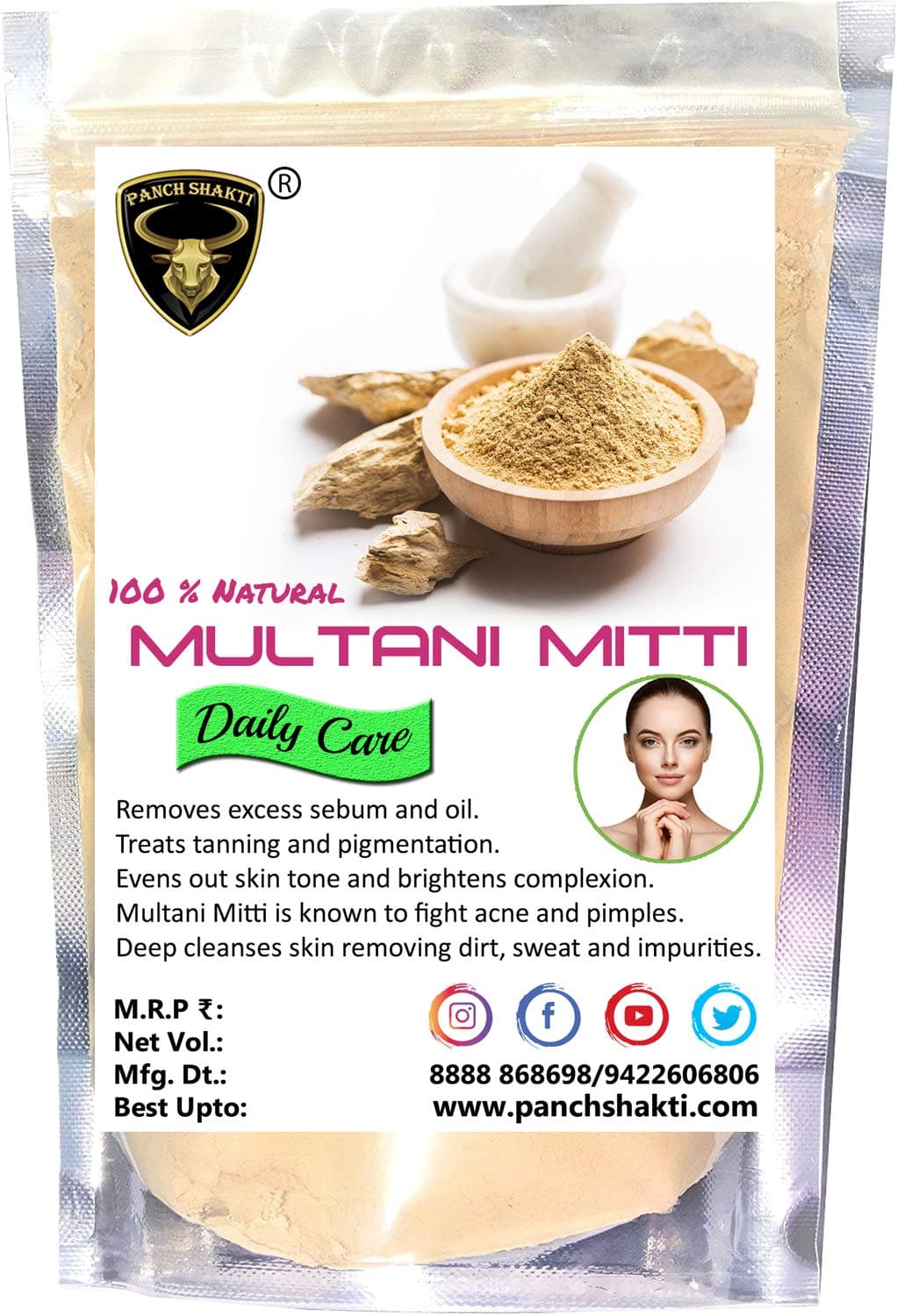 PANCH SHAKTI Multani Mitti Organic Multani Mitti Powder for Face Hair Acne Glowing Skin Natural Face Pack Powder for Skin Care
