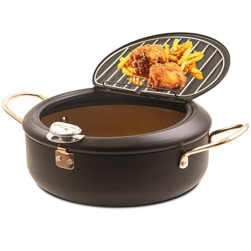 Cyrder Deep Fryer Pot, 4.3L/11 Inch Japanese Tempura Frying Pot with Fahrenheit Thermometer, Nonstick Carbon Steel Oil Fryer, for Tempura/Frech/Fish/Chicken Fries, Easy Clean, Black