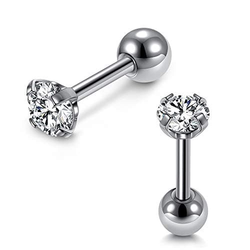 Zysta Pair Clear Cubic Zirconia 16G Earring Studs Round Rhinestone Diamond Stainless Steel Post Back Ball Screw Men Women Nose Helix Cartilage Ear Lobe Small Cute Piercing Jewelry