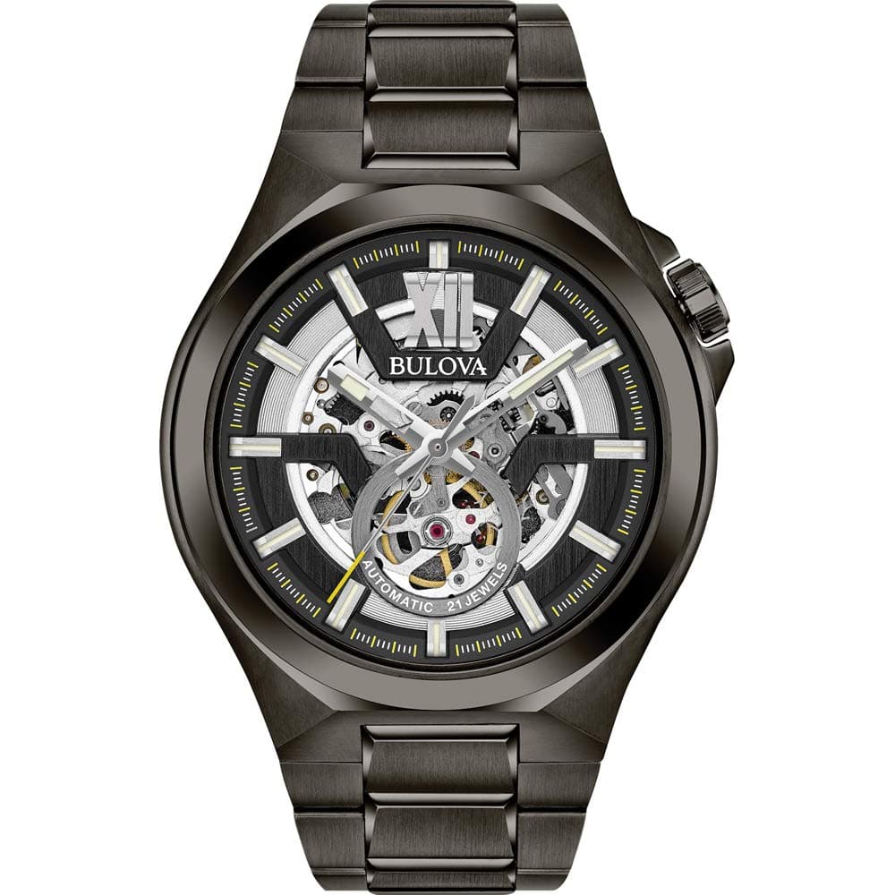 Bulova Mens Classic Maquina Black IonPlated Stainless Steel 3Hand Automatic Watch Skeleton Dial Style 98A179